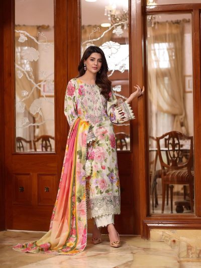 Heavy Embroidered Lawn Printed Dress With 4-Sided Chiffon Embroidered Dupatta (Unstitched) (ST439)