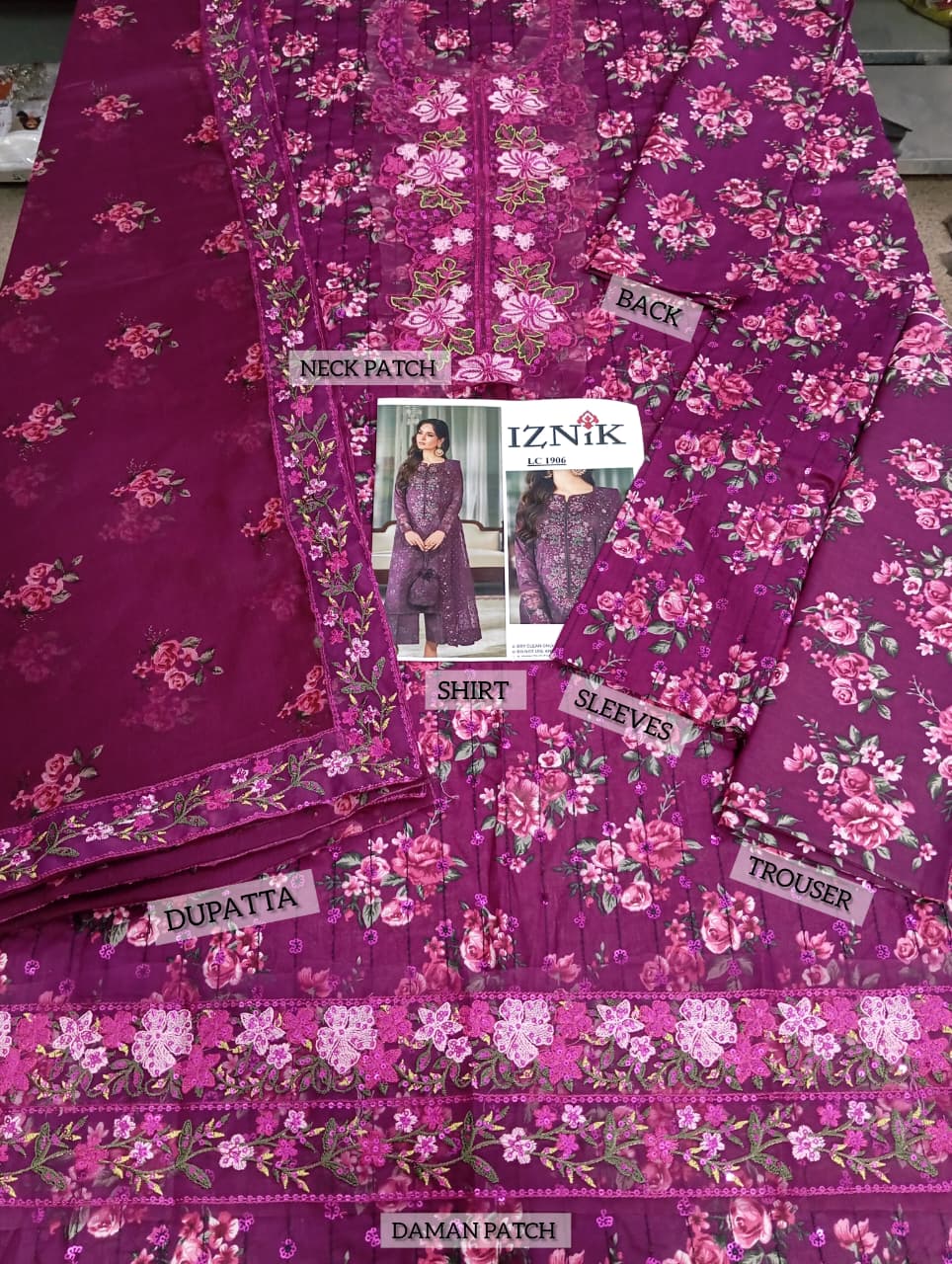 Iznik Luxury Printed Embroidered Lawn Dress with 4-Sided Embroidered Chiffon Dupatta (Unstitched) (ST445) - Image 2