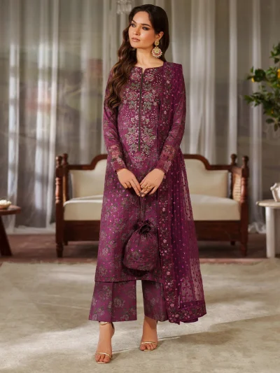 Iznik Luxury Printed Embroidered Lawn Dress with 4-Sided Embroidered Chiffon Dupatta (Unstitched) (ST445)