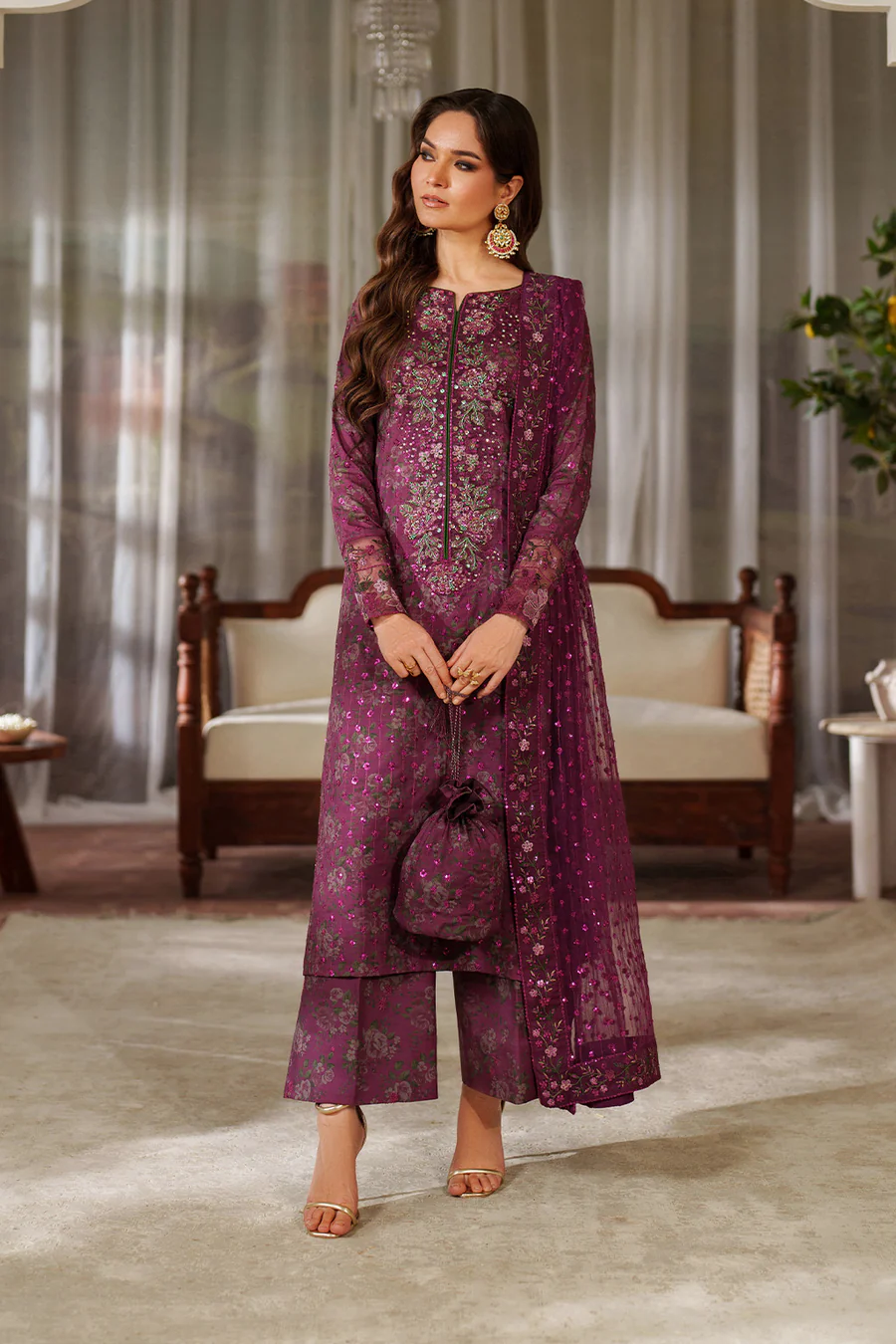 Iznik Luxury Printed Embroidered Lawn Dress with 4-Sided Embroidered Chiffon Dupatta (Unstitched) (ST445)