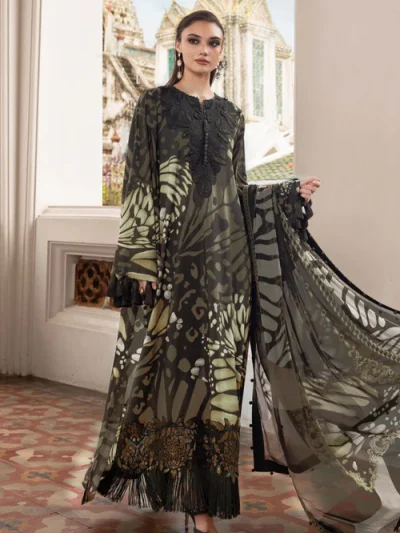 MARIA B Luxury Printed Lawn Embroidered Dress with 4-Sided Embroidered Chiffon Dupatta (ST433)