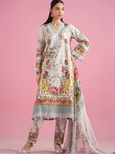 All-Over Print Embroidered EID Lawn Suit with Emb. Chiffon Dupatta Unstitched 3Pc Suit (ST450)