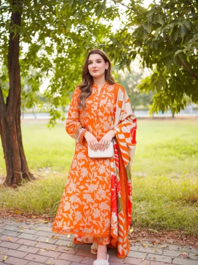All-Over Floral Print Embroidered Orange Lawn Dress With 4-Sided Embroidered Chiffon Dupatta (Unstitched) (ST442)