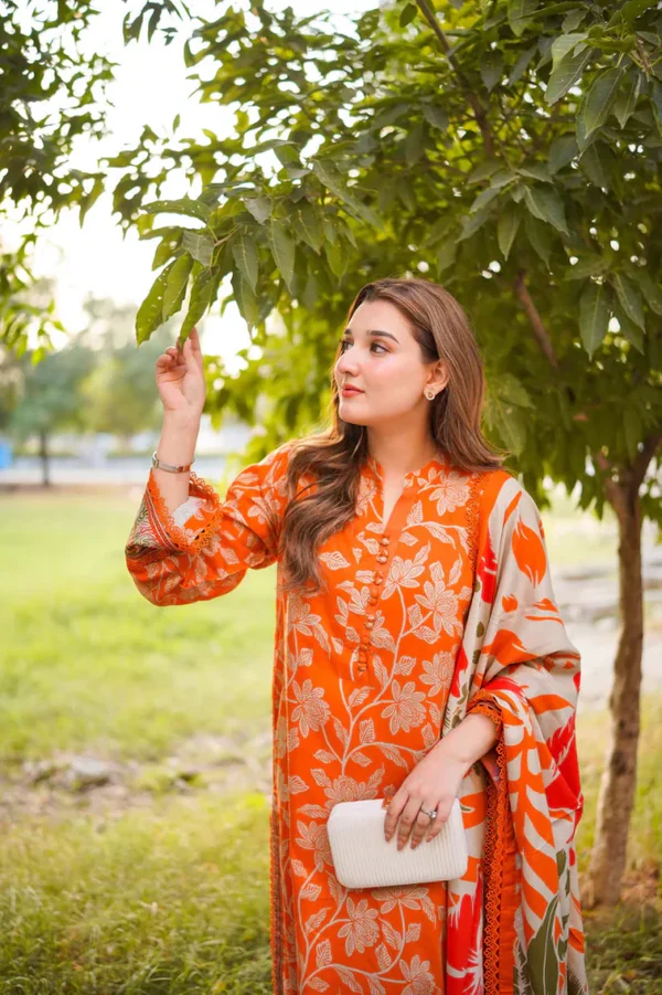 All-Over Floral Print Embroidered Orange Lawn Dress With 4-Sided Embroidered Chiffon Dupatta (Unstitched) (ST442) - Image 2