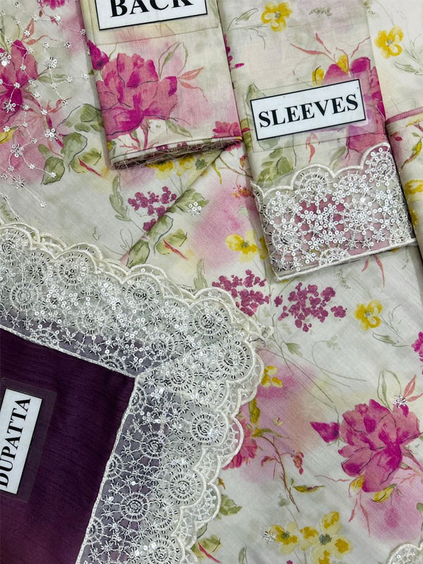 Iznik Luxury Printed Lawn Embroidered Dress With Tie & Die Chiffon Embroidered Dupatta (Unstitched) (ST463) - Image 4