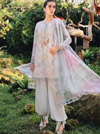 Luxury Butterfly Design Schiffli Embroidered EID Lawn Dress with Emb. Chiffon Dupatta (Unstitched) (ST451)
