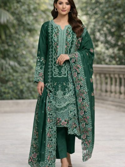 Elegant Boring Chickenkari Lawn Cotton Heavy Embroidered Dress With Embroidered Chiffon Dupatta (Unstitched) (ST462)