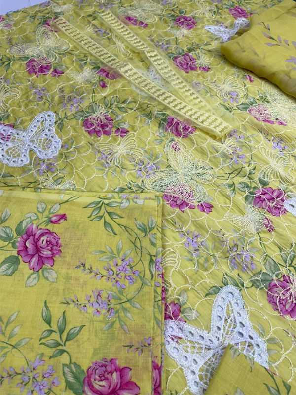 Luxury Butterfly Design Schiffli Embroidered EID Lawn Dress with Emb. Chiffon Dupatta (Unstitched) (ST452) - Image 3