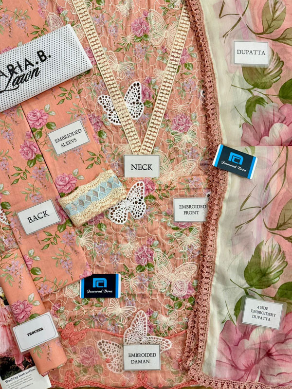 MARIA B Lawn Heavy Embroidered Butter Fly Design Dress With Chiffon Embroidered Dupatta (Unstitched) (ST479) - Image 2