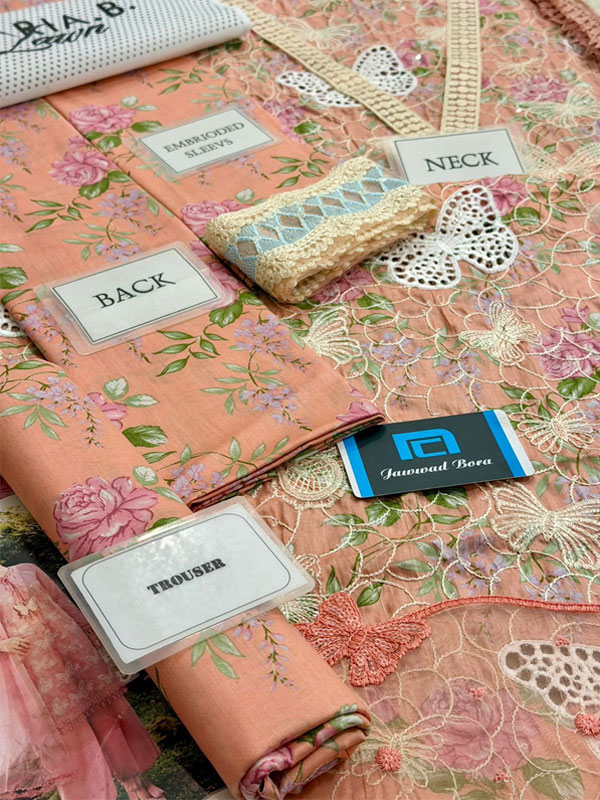 MARIA B Lawn Heavy Embroidered Butter Fly Design Dress With Chiffon Embroidered Dupatta (Unstitched) (ST479) - Image 3