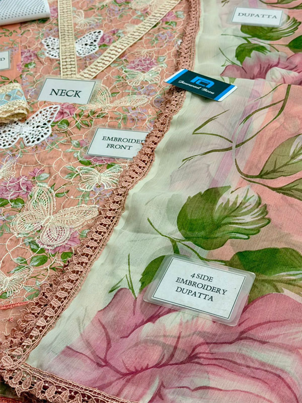 MARIA B Lawn Heavy Embroidered Butter Fly Design Dress With Chiffon Embroidered Dupatta (Unstitched) (ST479) - Image 4