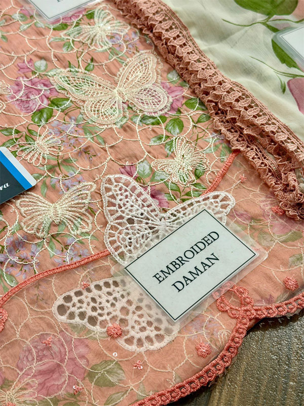MARIA B Lawn Heavy Embroidered Butter Fly Design Dress With Chiffon Embroidered Dupatta (Unstitched) (ST479) - Image 5