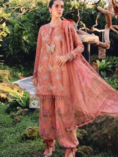 MARIA B Lawn Heavy Embroidered Butter Fly Design Dress With Chiffon Embroidered Dupatta (Unstitched) (ST479)