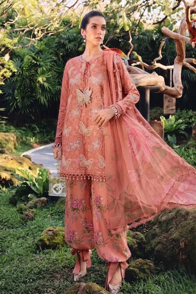 MARIA B Lawn Heavy Embroidered Butter Fly Design Dress With Chiffon Embroidered Dupatta (Unstitched) (ST479)