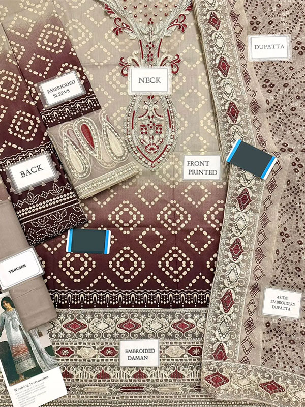 Heavy Embroidered Chunri Print Lawn Dress Design with 4-Side Embroidered Chiffon Dupatta (Unstitched) (ST503) - Image 2