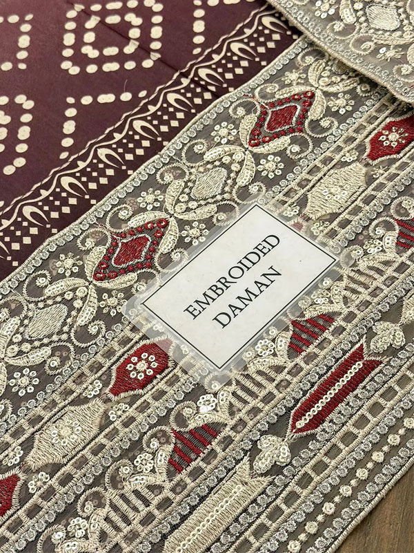 Heavy Embroidered Chunri Print Lawn Dress Design with 4-Side Embroidered Chiffon Dupatta (Unstitched) (ST503) - Image 5
