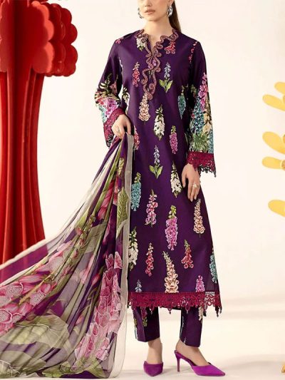 All-Over Print Heavy Embroidered Lawn Dress Design with Embroidered Chiffon Dupatta (Unstitched) (ST500)