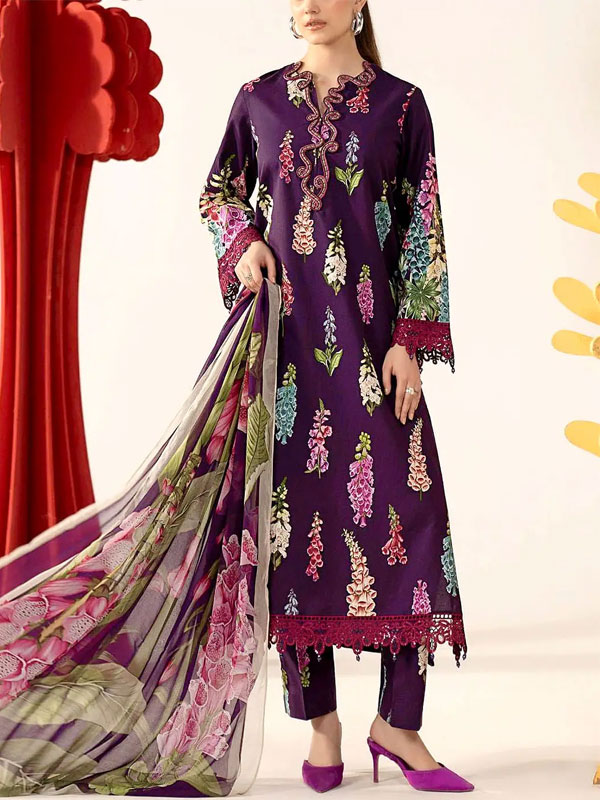 All-Over Print Heavy Embroidered Lawn Dress Design with Embroidered Chiffon Dupatta (Unstitched) (ST500)