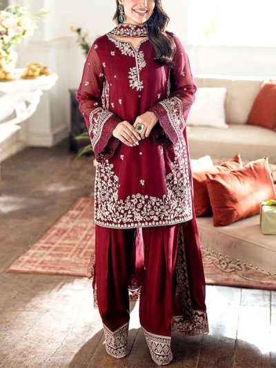 Gorgeous Heavy Embroidered Maroon Chiffon Wedding Dress With Chiffon Embroidered Dupatta (Unstitched) (ST496)