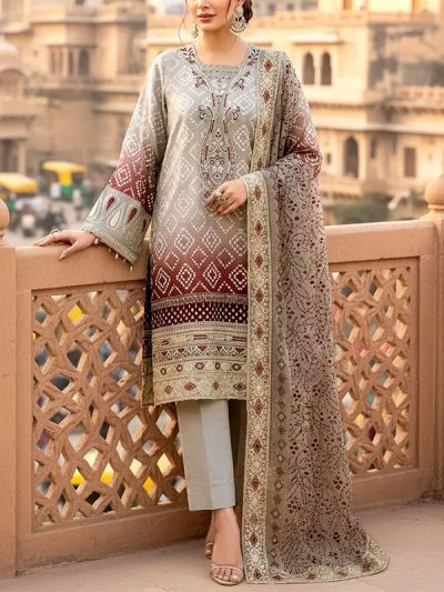 Heavy Embroidered Chunri Print Lawn Dress Design with 4-Side Embroidered Chiffon Dupatta (Unstitched) (ST503)