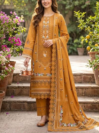 LUXURY Cotton Heavy Embroidered Dress With Chiffon Embroidered Dupatta (Unstitched) (ST493)