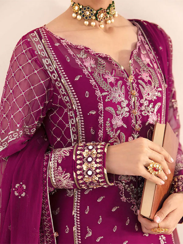 Heavy Embroidered Magenta Chiffon Party Wear Dress With Chiffon Embroidered Dupatta (Unstitched) (ST505) - Image 2