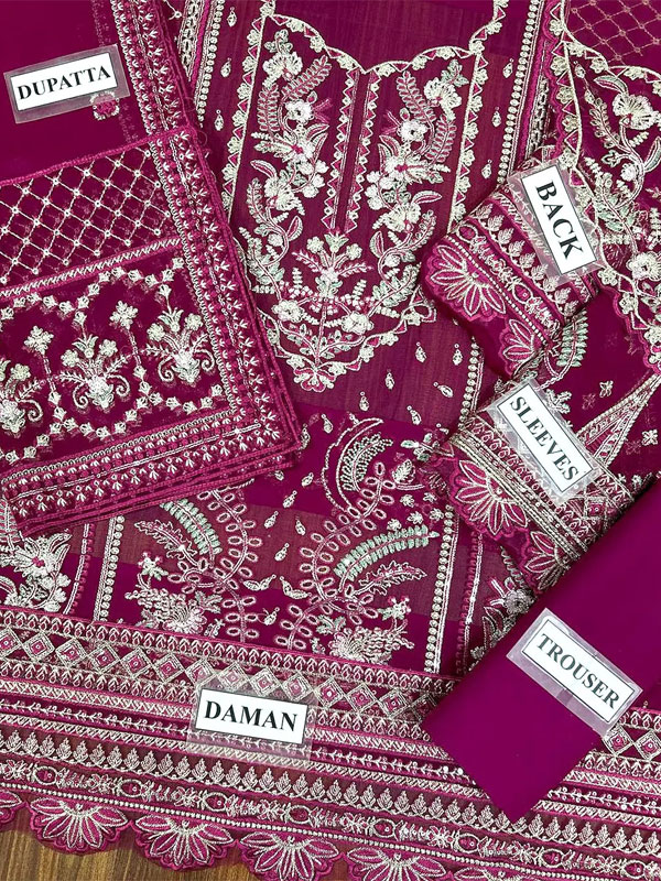 Heavy Embroidered Magenta Chiffon Party Wear Dress With Chiffon Embroidered Dupatta (Unstitched) (ST505) - Image 3