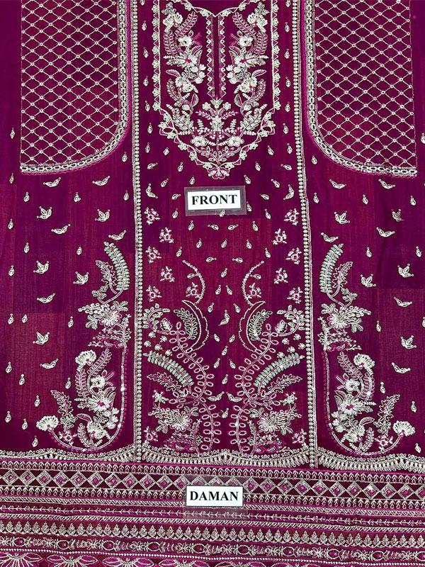 Heavy Embroidered Magenta Chiffon Party Wear Dress With Chiffon Embroidered Dupatta (Unstitched) (ST505) - Image 4