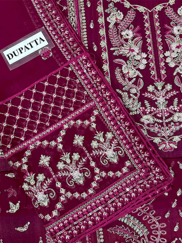 Heavy Embroidered Magenta Chiffon Party Wear Dress With Chiffon Embroidered Dupatta (Unstitched) (ST505) - Image 5