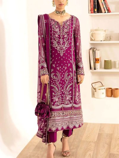 Heavy Embroidered Magenta Chiffon Party Wear Dress With Chiffon Embroidered Dupatta (Unstitched) (ST505)
