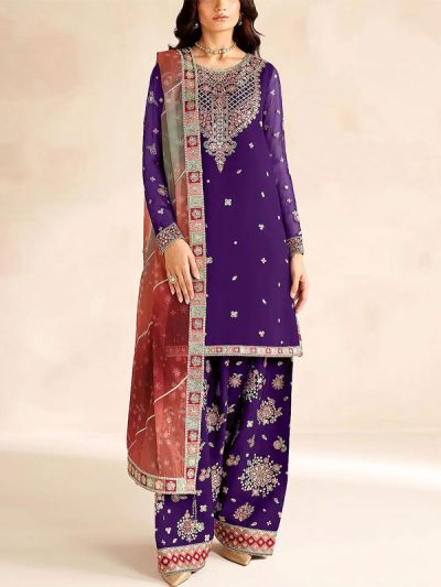 Heavy Embroidered Purple Formal Chiffon Dress With Embroidered Chiffon Dupatta (Unstitched) (ST506)