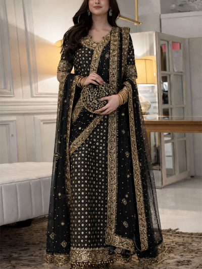 HARIS SHAKEEL LUXURY Chiffon Adda Work Heavy Embroidered Dress With Cluch With 4 Sided Embroidered Dupatta (Unstitched) (ST511)