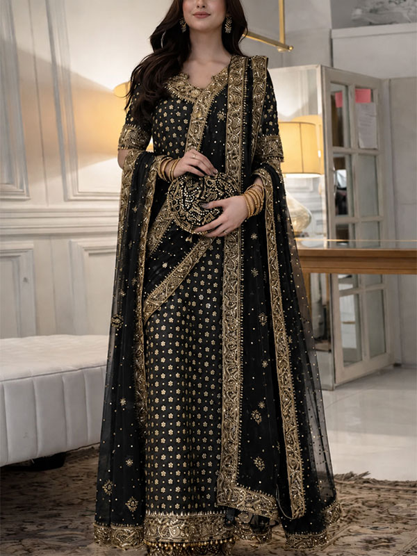 HARIS SHAKEEL LUXURY Chiffon Adda Work Heavy Embroidered Dress With Cluch With 4 Sided Embroidered Dupatta (Unstitched) (ST511)