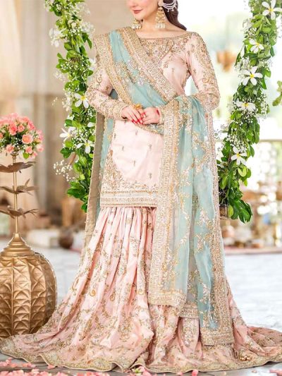 Luxury Embroidered Powder Pink NET Bridal Sharara Dress with Hand Embellishments (ST508)