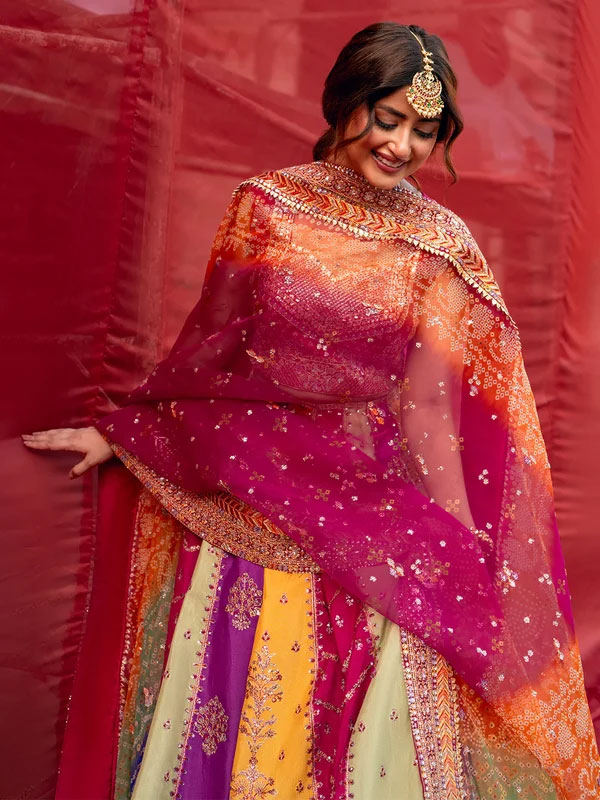 BIN ILYAS Heavy Embroidered Multicolor Raw Silk Bridal Maxi Dress with Chunri Print Emb. Organza Dupatta (Unstitched) (ST516) - Image 2