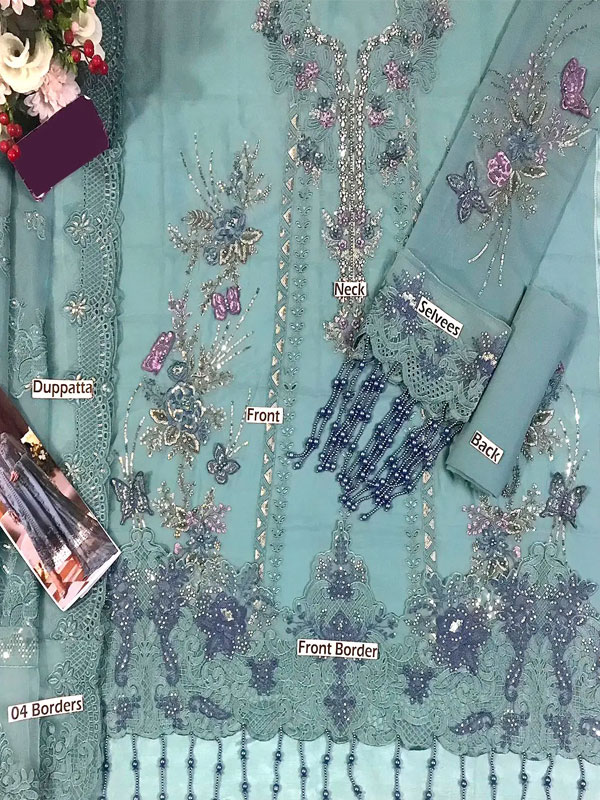Maria B Heavy Embroidered Dusty Blue Chiffon Wedding Dress 2026 with Handcrafted Detailing (Unstitched) (ST515) - Image 2