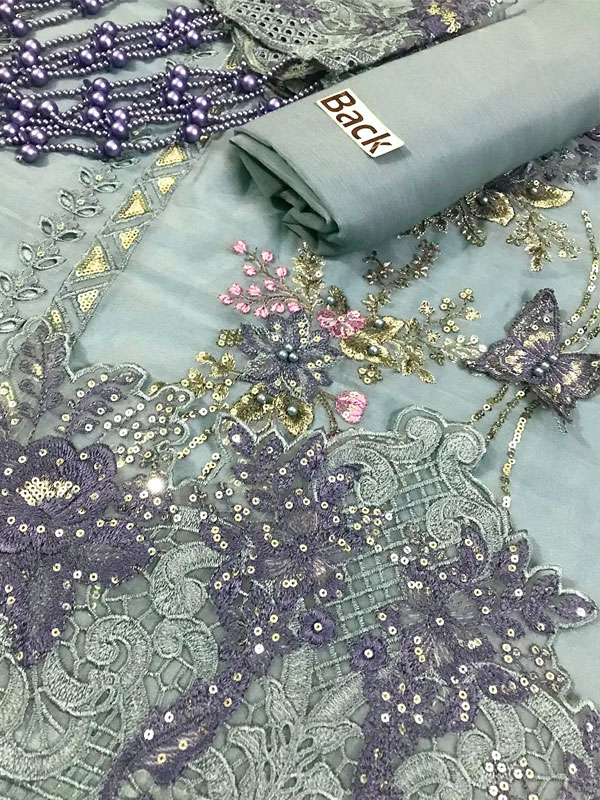 Maria B Heavy Embroidered Dusty Blue Chiffon Wedding Dress 2026 with Handcrafted Detailing (Unstitched) (ST515) - Image 3