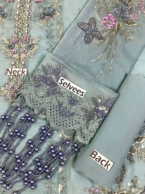 Maria B Heavy Embroidered Dusty Blue Chiffon Wedding Dress 2026 with Handcrafted Detailing (Unstitched) (ST515) - Image 4