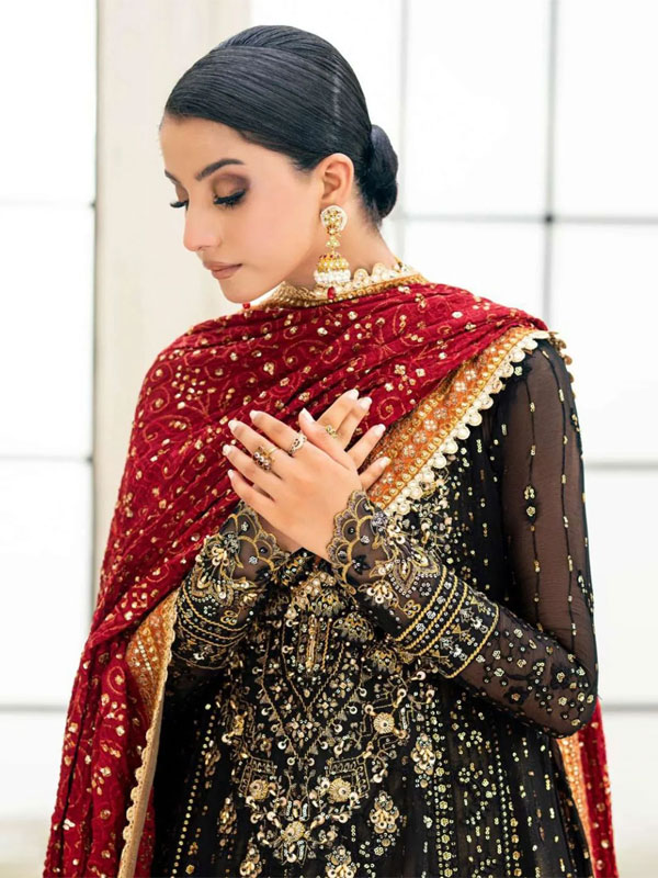 Glamorous Heavily Embroidered Black Chiffon Maxi Dress for Weddings (Unstitched) (ST514) - Image 2