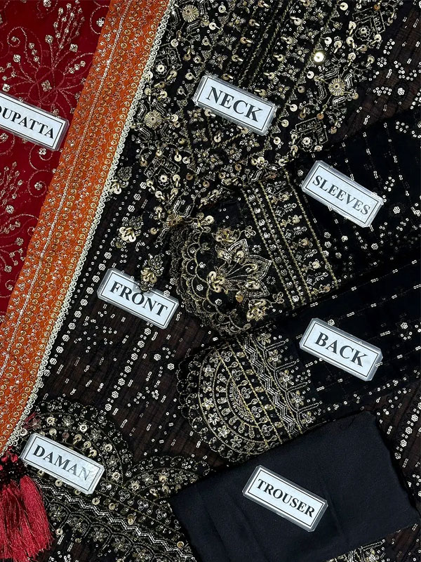 Glamorous Heavily Embroidered Black Chiffon Maxi Dress for Weddings (Unstitched) (ST514) - Image 3