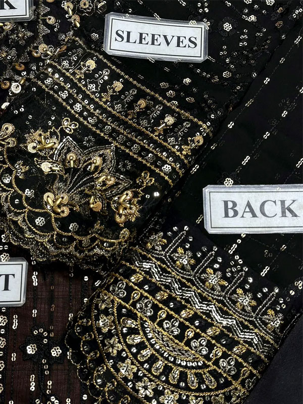 Glamorous Heavily Embroidered Black Chiffon Maxi Dress for Weddings (Unstitched) (ST514) - Image 4