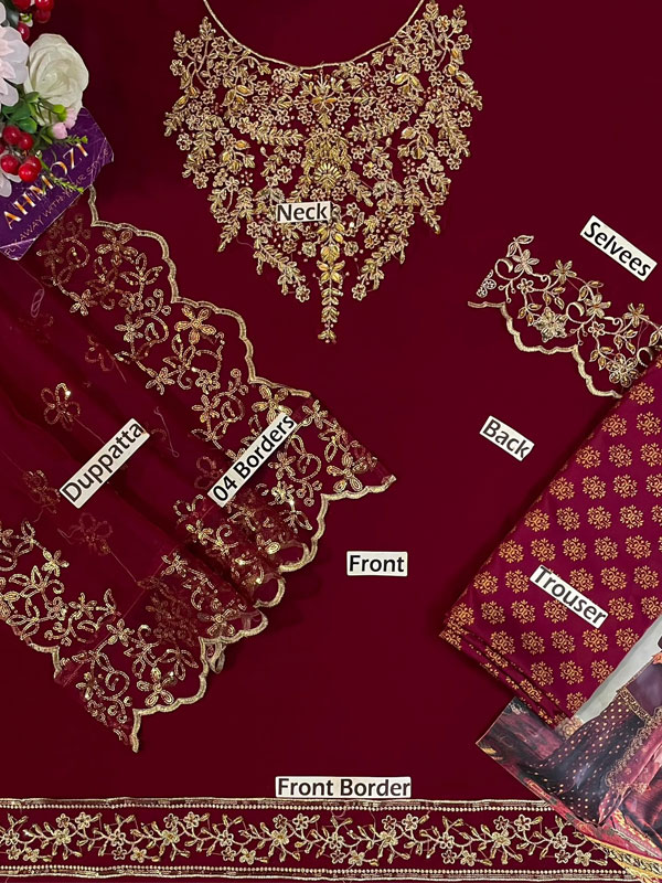 Glamorous Chiffon Iznik Embroidered Dress with Graceful 4-Sided Embroidered Dupatta – Unstitched (ST535) - Image 3