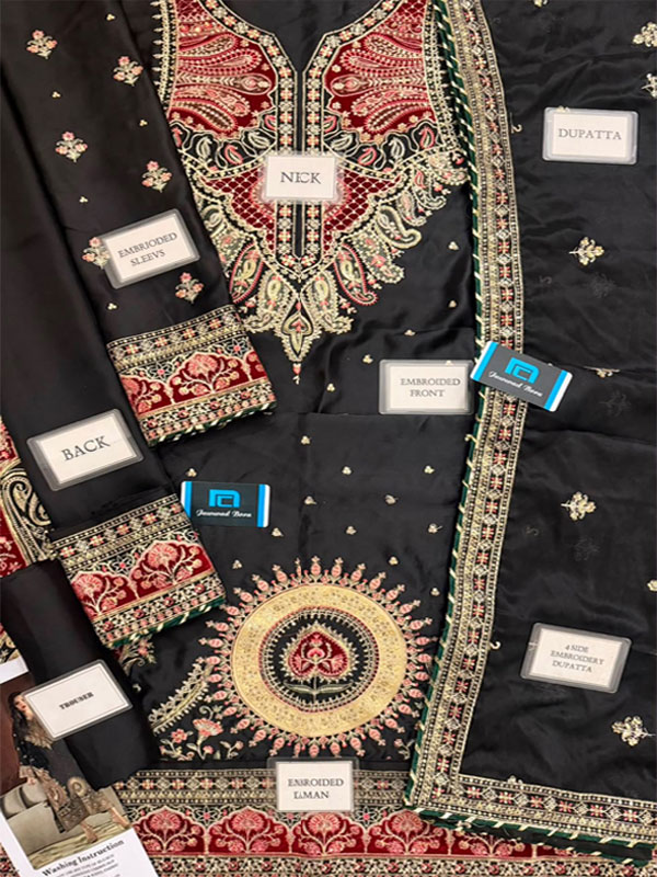 Black Kaftan Dress Heavy Embroidered Charmeuse Silk Kaftan with Silk Dupatta (Unstitched) (ST534) - Image 2