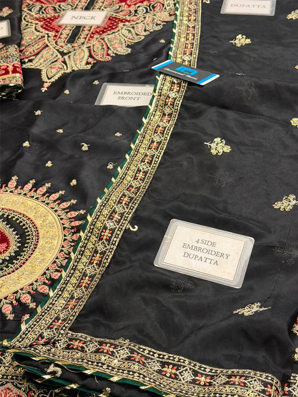 Black Kaftan Dress Heavy Embroidered Charmeuse Silk Kaftan with Silk Dupatta (Unstitched) (ST534) - Image 4