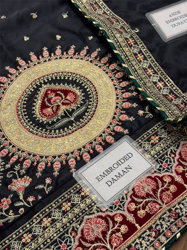 Black Kaftan Dress Heavy Embroidered Charmeuse Silk Kaftan with Silk Dupatta (Unstitched) (ST534) - Image 5