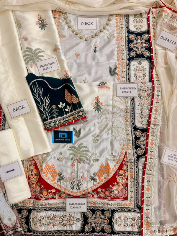 Off White Shamoz Silk Kaftan Dress Heavy Embroidered Modern 3 Piece Suit (Unstitched) (ST533) - Image 2