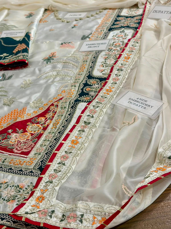Off White Shamoz Silk Kaftan Dress Heavy Embroidered Modern 3 Piece Suit (Unstitched) (ST533) - Image 5