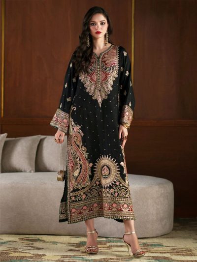 Black Kaftan Dress Heavy Embroidered Charmeuse Silk Kaftan with Silk Dupatta (Unstitched) (ST534)