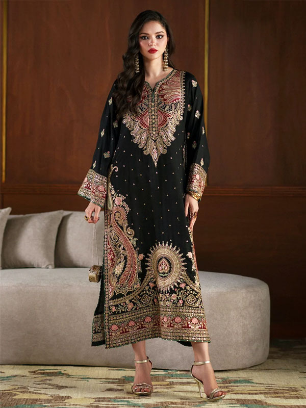 Black Kaftan Dress Heavy Embroidered Charmeuse Silk Kaftan with Silk Dupatta (Unstitched) (ST534)