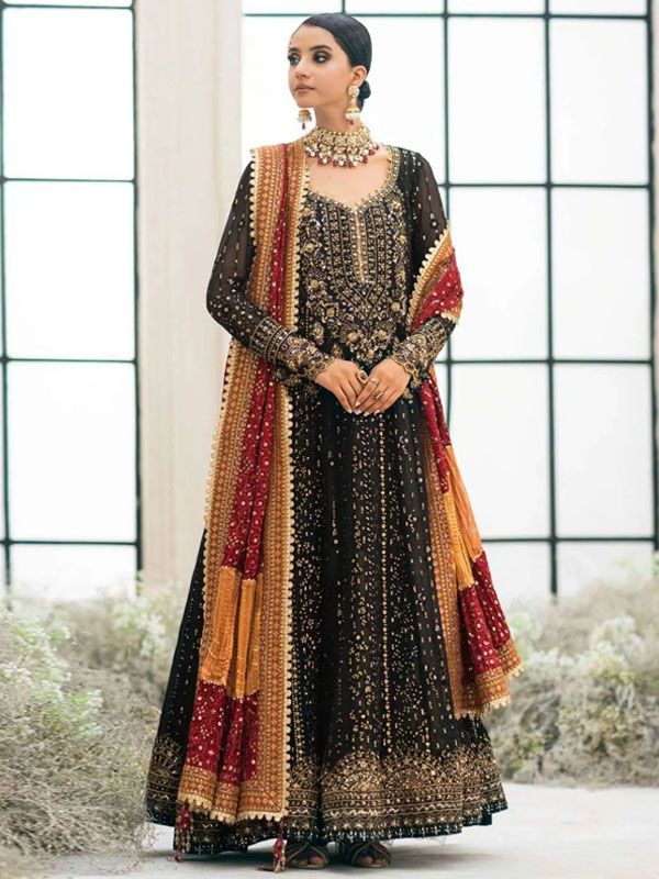 Glamorous Heavily Embroidered Black Chiffon Maxi Dress for Weddings (Unstitched) (ST514)